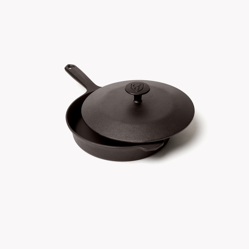 Angled view of the No.6 Field Cast Iron Skillet topped with its matching lid